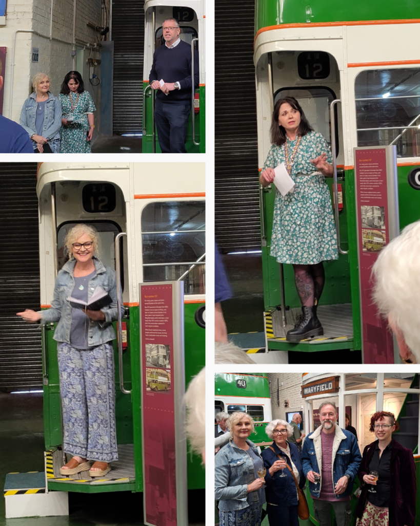 People give speeches from the back entrance of a vintage bus and the Dundee Historic Environment Trust Team stand together in front of the recreated tram